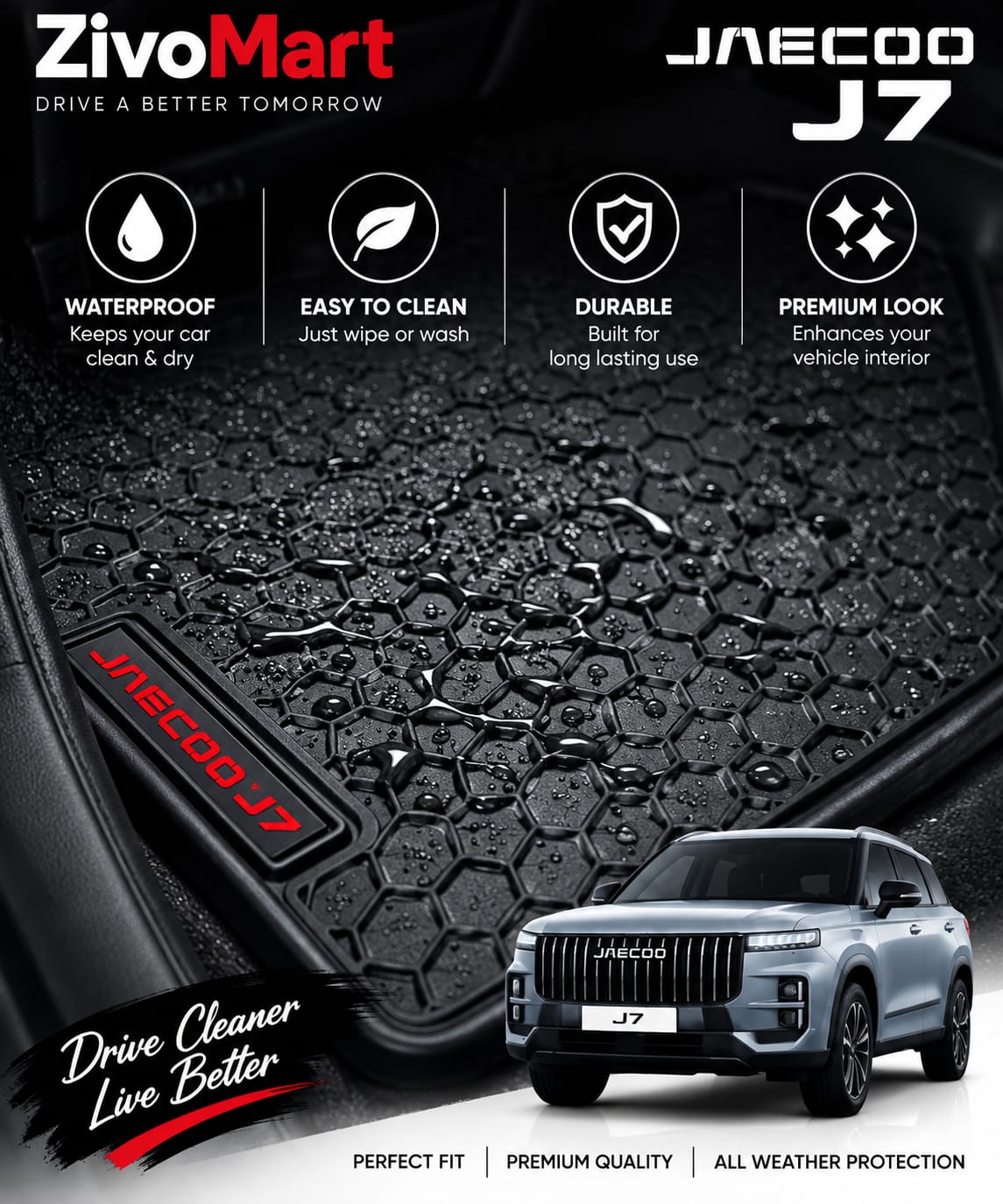 Jaecoo J7 Premium Latex Rubber PVC Car Floor Mats – Custom Fit Heavy Duty Waterproof | 3 Pcs Set