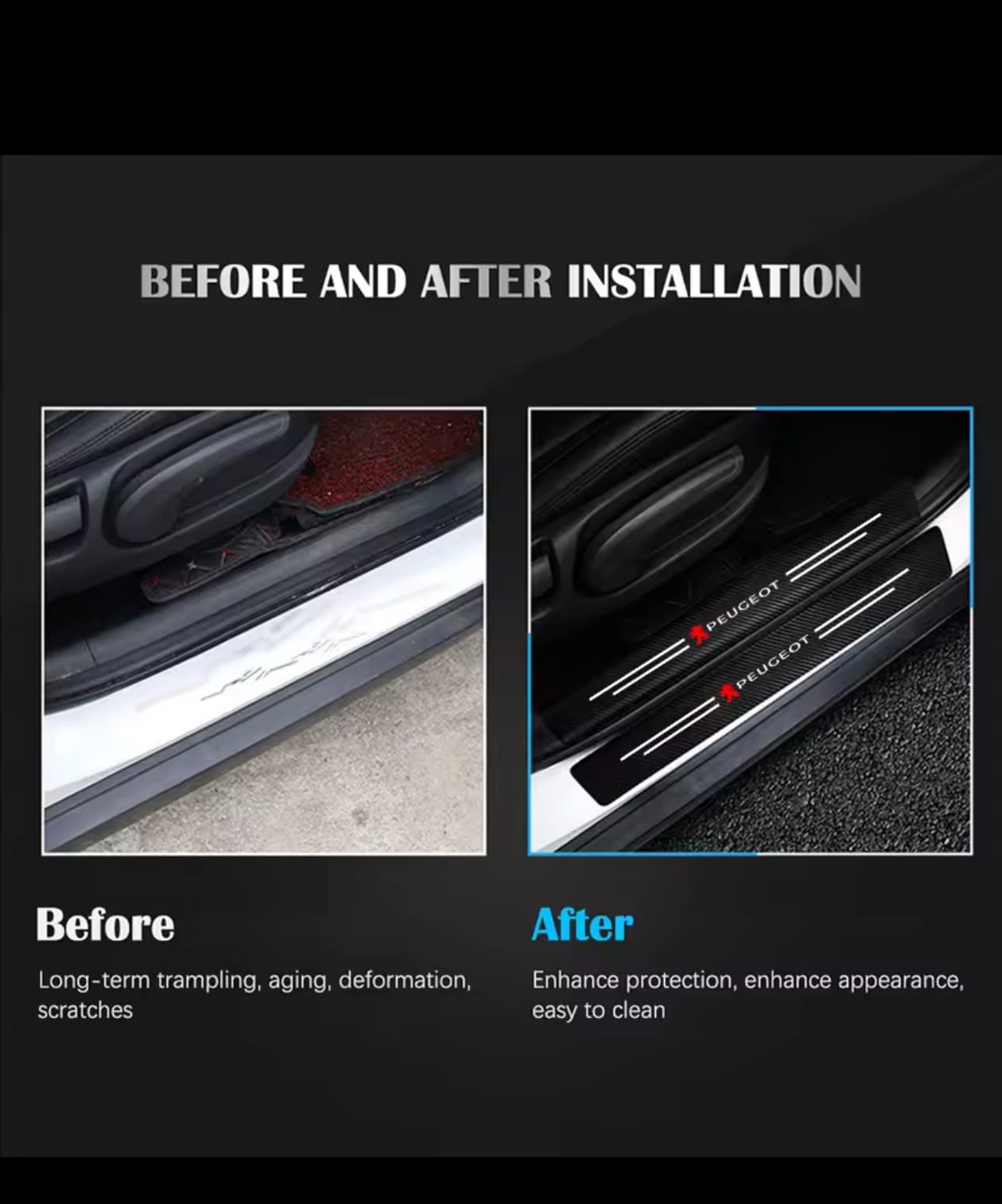 Peugeot Carbon Fiber Leather Door Sill Protector Stickers – 4-Piece Set | 4 Doors