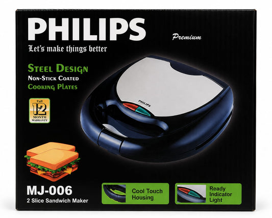Philips MJ-006 2-Slice Sandwich Maker – Steel Design, Non-Stick Cooking Plates