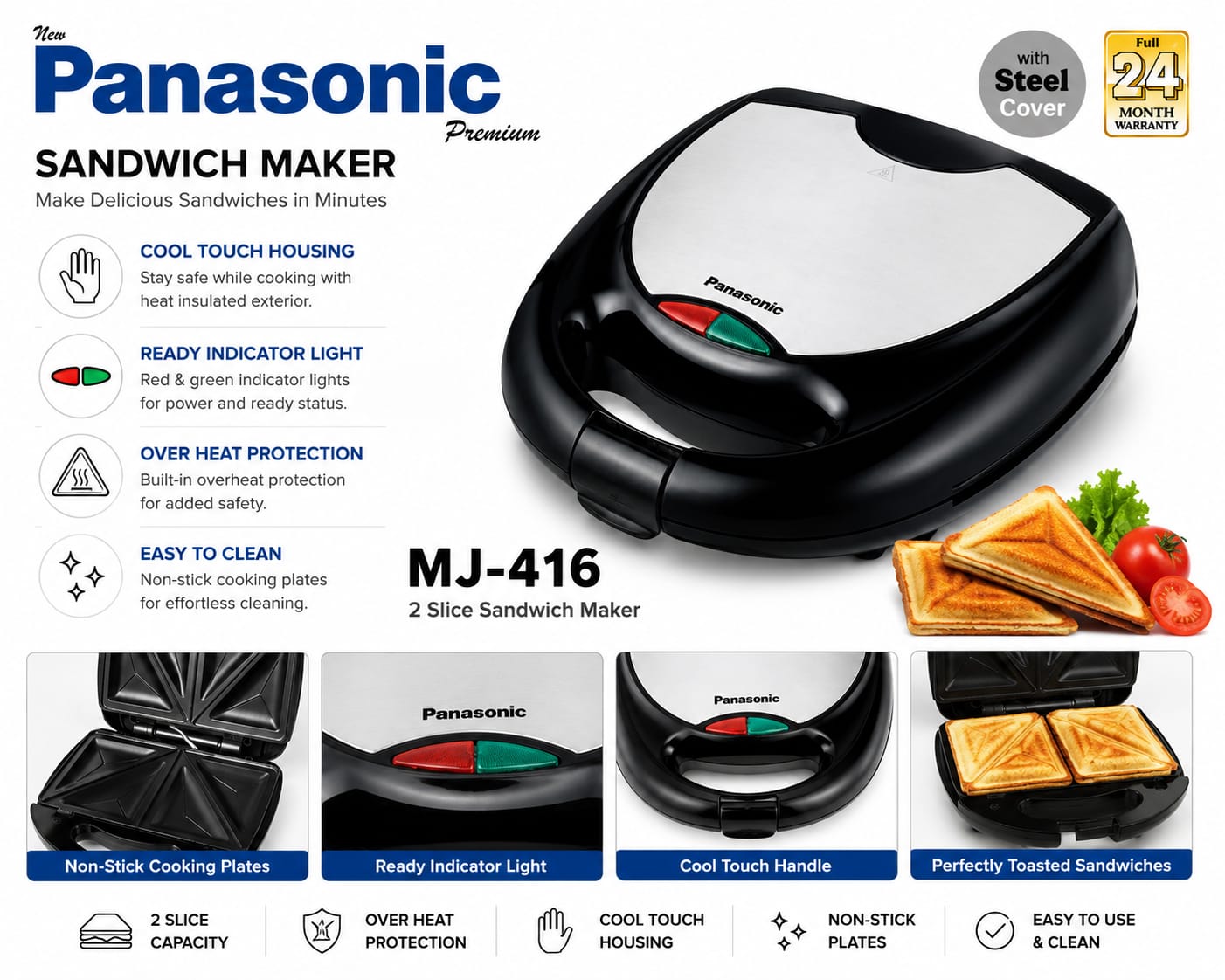 Panasonic MJ-416 2-Slice Sandwich Maker – Steel Cover, Non-Stick Plates