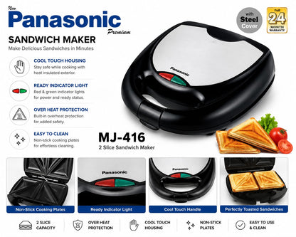 Panasonic MJ-416 2-Slice Sandwich Maker – Steel Cover, Non-Stick Plates