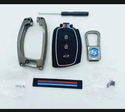 Hyundai Elantra Premium Zinc Alloy Smart Car Key Cover with Leather Keychain