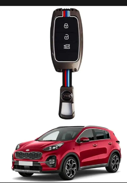 Kia Stonic Premium Zinc Alloy Smart Car Key Cover with Leather Keychain