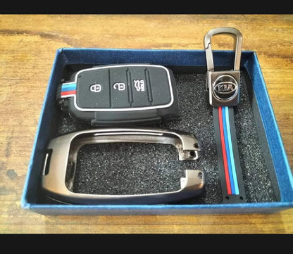 Kia Stonic Premium Zinc Alloy Smart Car Key Cover with Leather Keychain