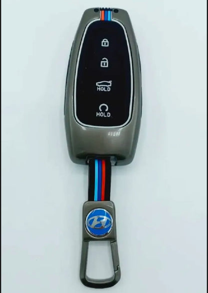 Hyundai Santa Fe Premium Zinc Alloy Smart Car Key Cover with Leather Keychain
