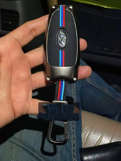 Hyundai Santa Fe Premium Zinc Alloy Smart Car Key Cover with Leather Keychain