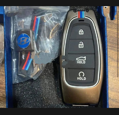 Hyundai Santa Fe Premium Zinc Alloy Smart Car Key Cover with Leather Keychain