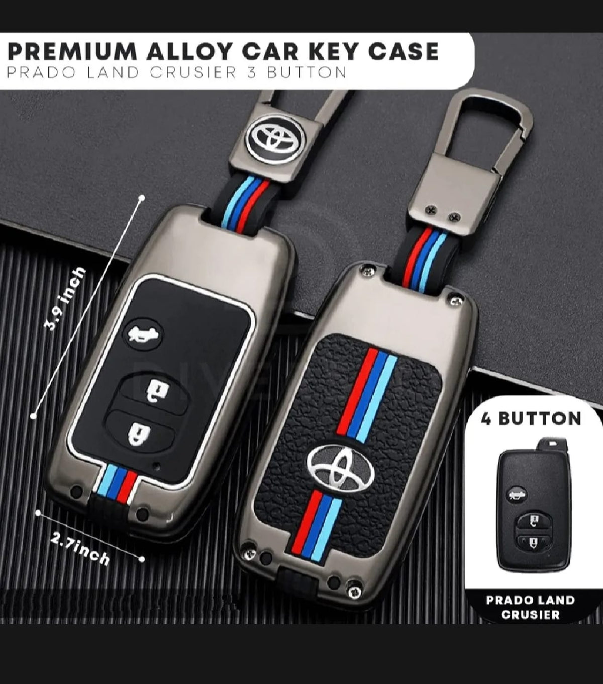 Toyota Land Cruiser Prado Premium Zinc Alloy Smart Car Key Cover with Leather Keychain