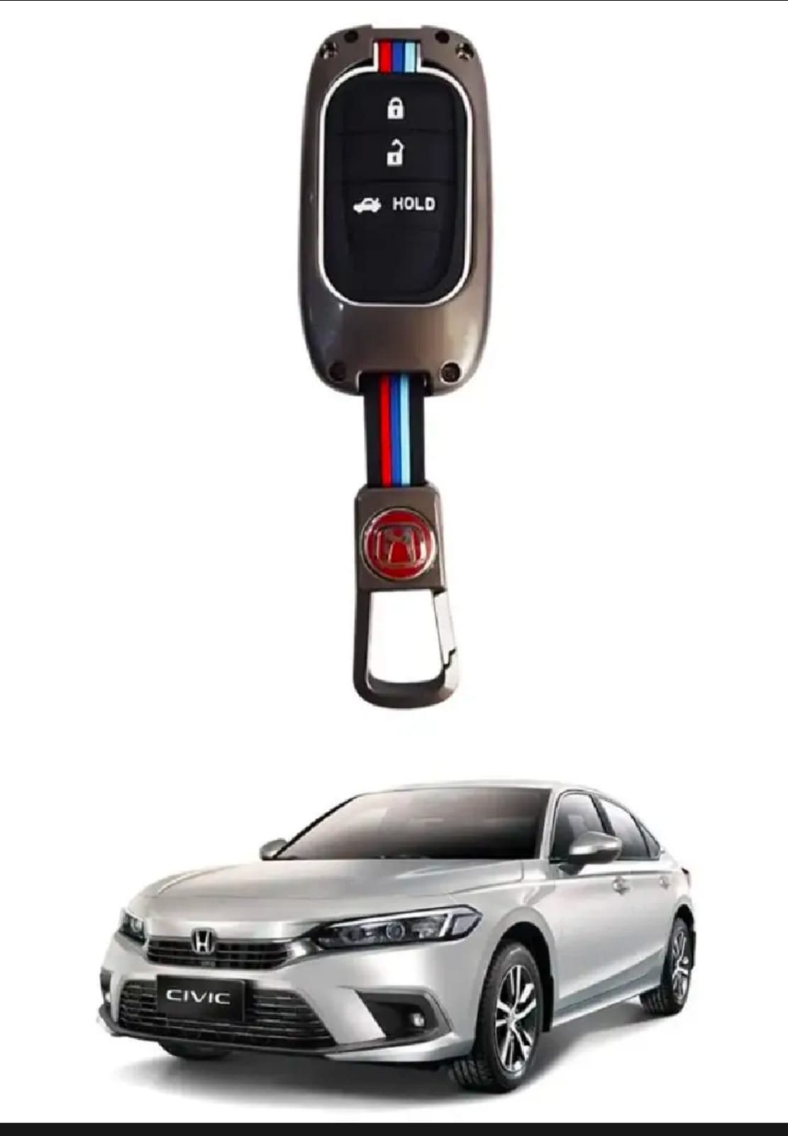 Honda Civic New Premium Zinc Alloy Smart Car Key Cover with Leather Keychain