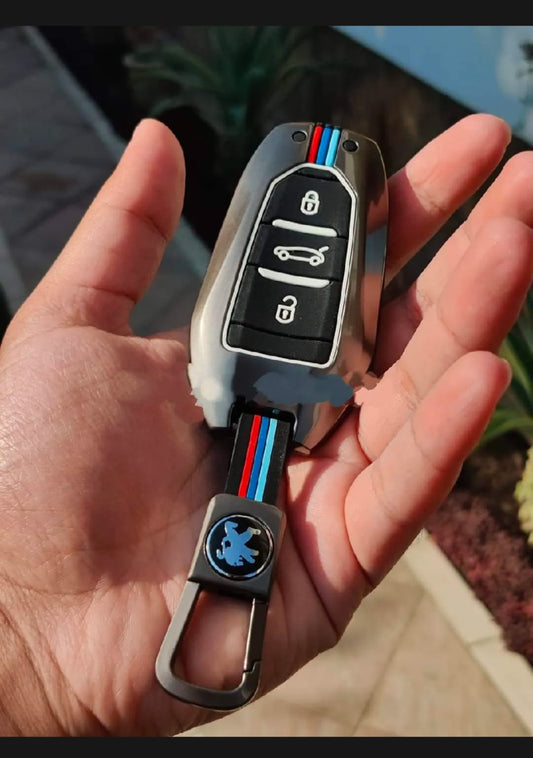 Peugeot 2008 Premium Zinc Alloy Smart Car Key Cover with Leather Keychain