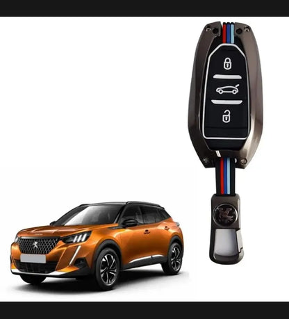 Peugeot 2008 Premium Zinc Alloy Smart Car Key Cover with Leather Keychain