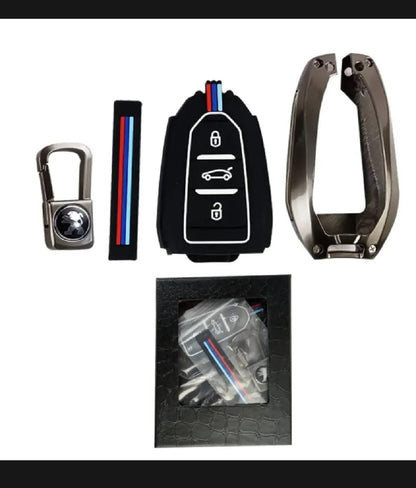 Peugeot 2008 Premium Zinc Alloy Smart Car Key Cover with Leather Keychain