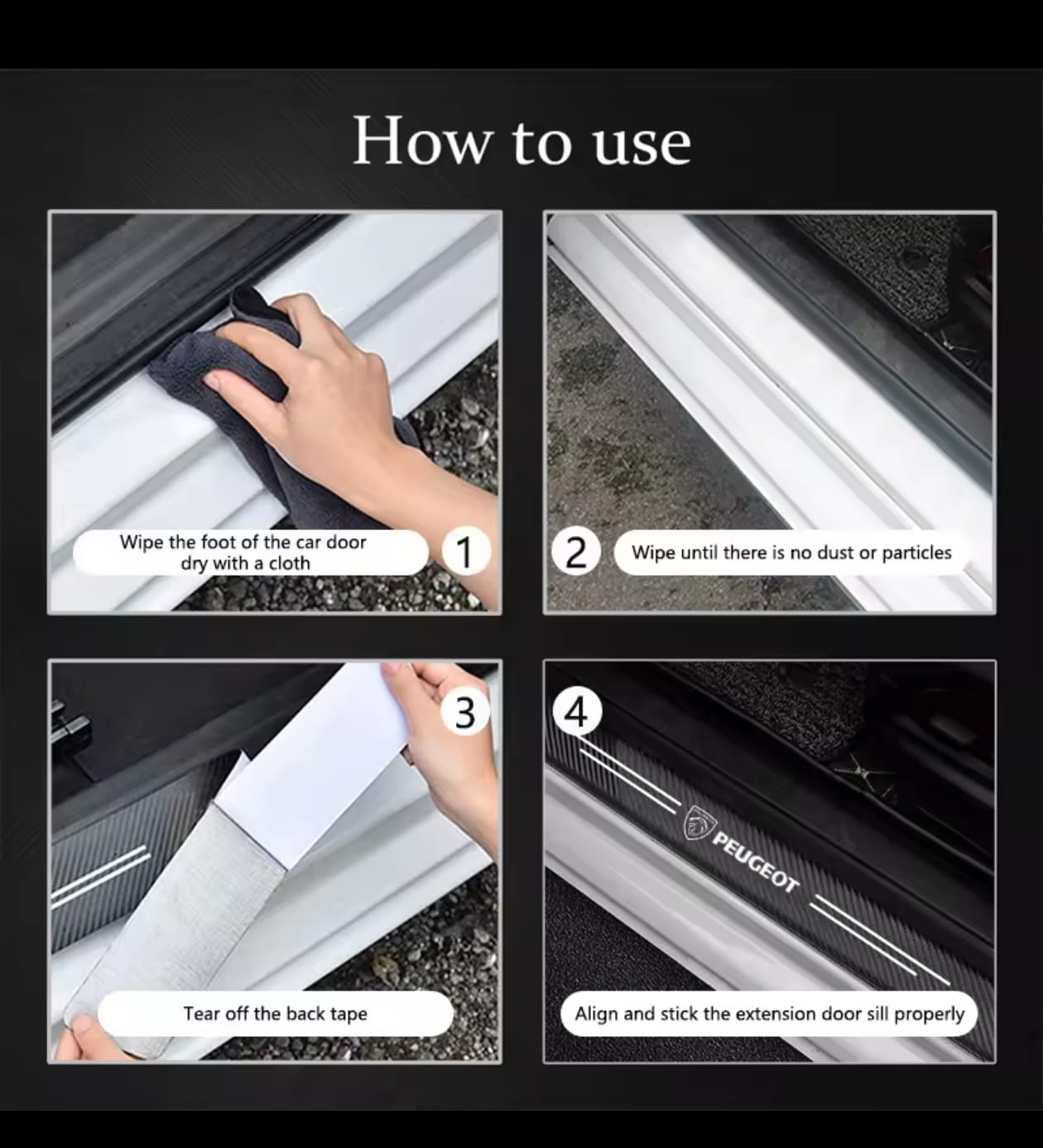 Peugeot Carbon Fiber Leather Door Sill Protector Stickers – 4-Piece Set | 4 Doors