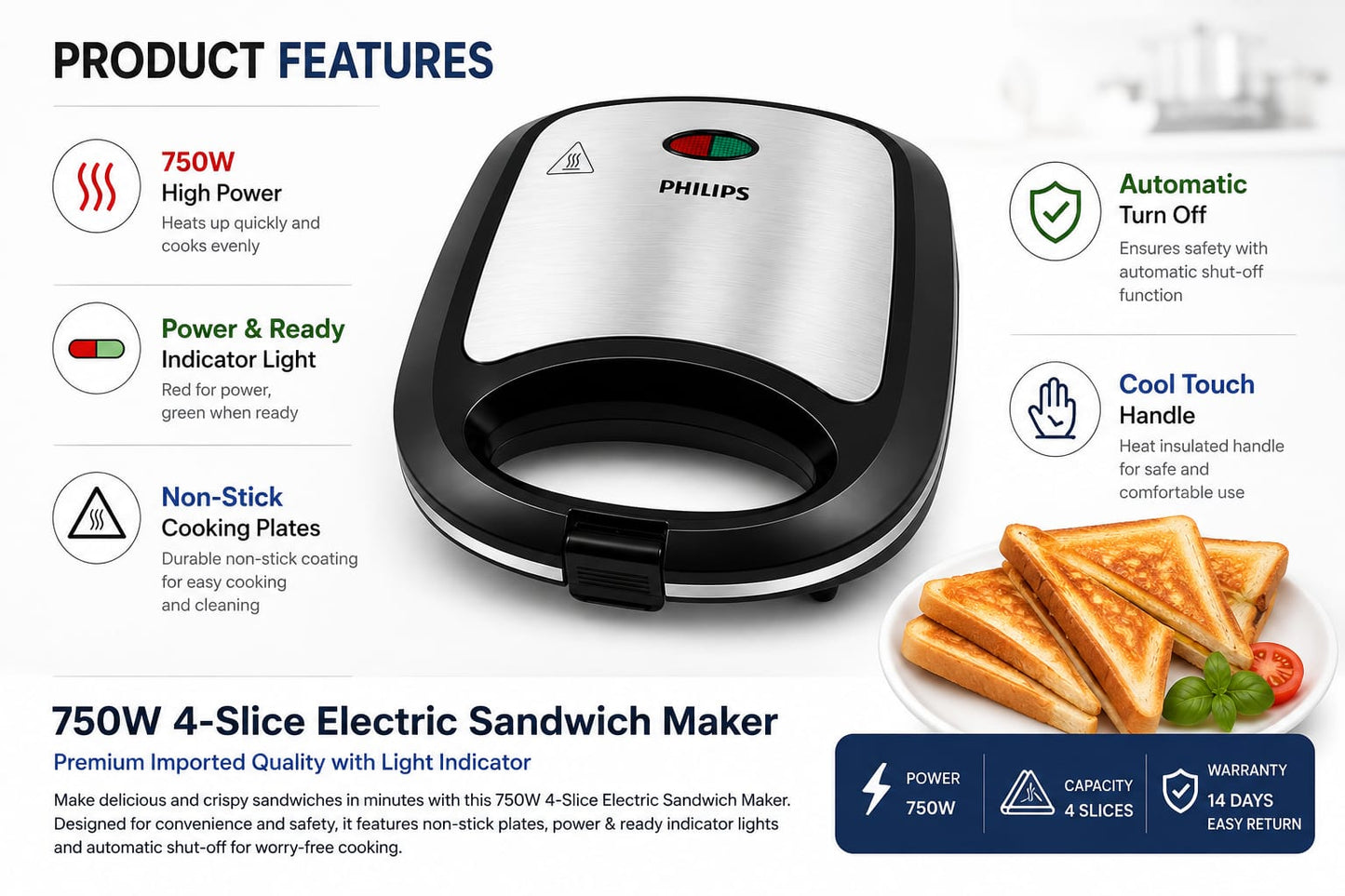 Philips 750W 4-Slice Sandwich Maker – Non-Stick Electric Sandwich Toaster