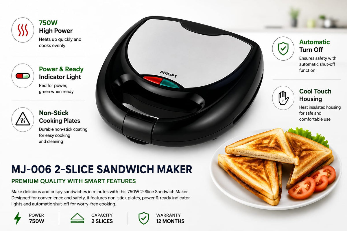 Philips MJ-006 2-Slice Sandwich Maker – Steel Design, Non-Stick Cooking Plates