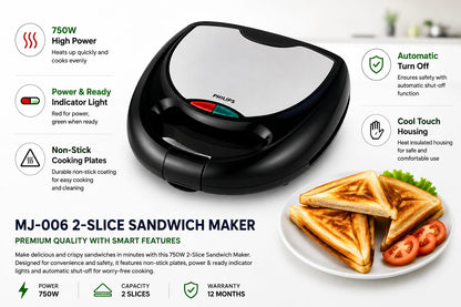 Philips MJ-006 2-Slice Sandwich Maker – Steel Design, Non-Stick Cooking Plates