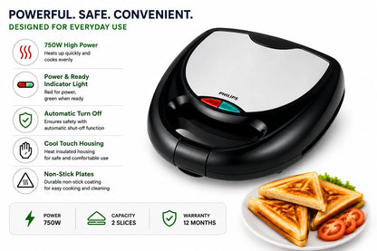 Philips MJ-006 2-Slice Sandwich Maker – Steel Design, Non-Stick Cooking Plates