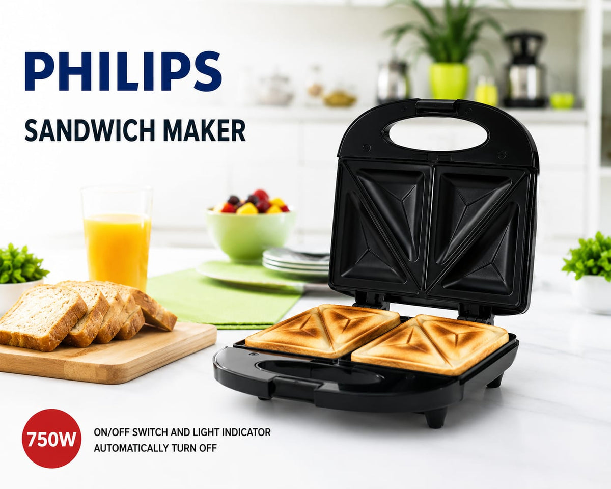 Philips MJ-006 2-Slice Sandwich Maker – Steel Design, Non-Stick Cooking Plates