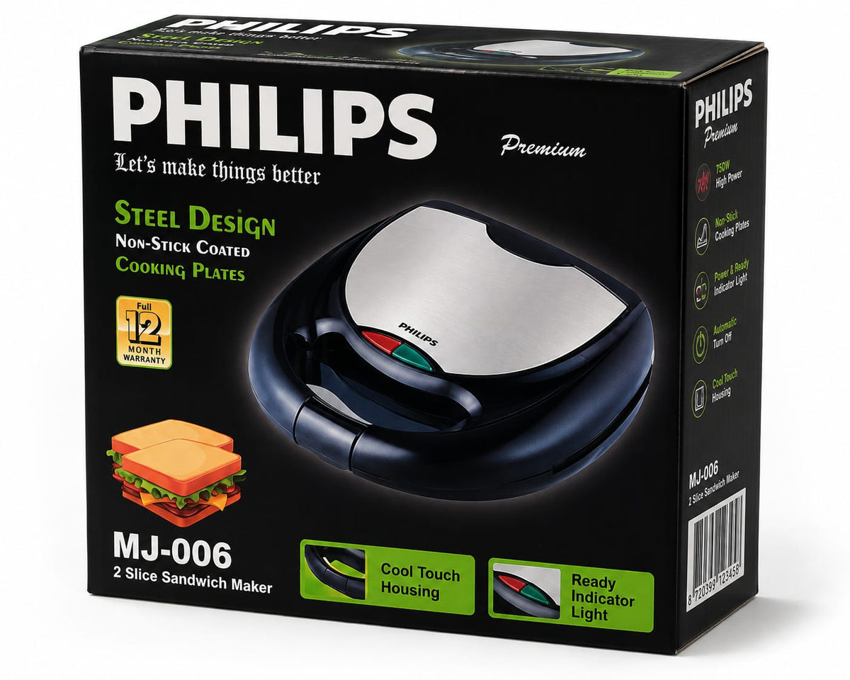 Philips MJ-006 2-Slice Sandwich Maker – Steel Design, Non-Stick Cooking Plates