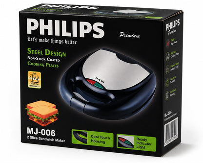 Philips MJ-006 2-Slice Sandwich Maker – Steel Design, Non-Stick Cooking Plates