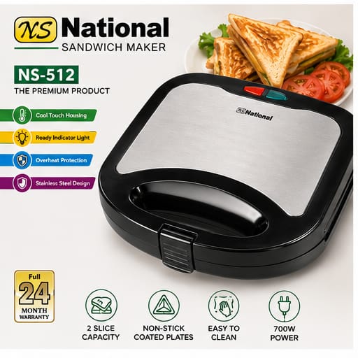 National NS-512 Premium 2-Slice Sandwich Maker with Stainless Steel Cover
