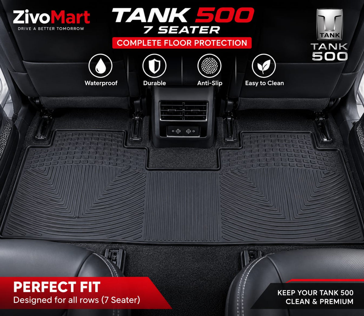 Tank 500 Premium Latex Rubber PVC Car Floor Mats – Custom Fit Heavy Duty Waterproof | 3 & 4 Pcs Sets