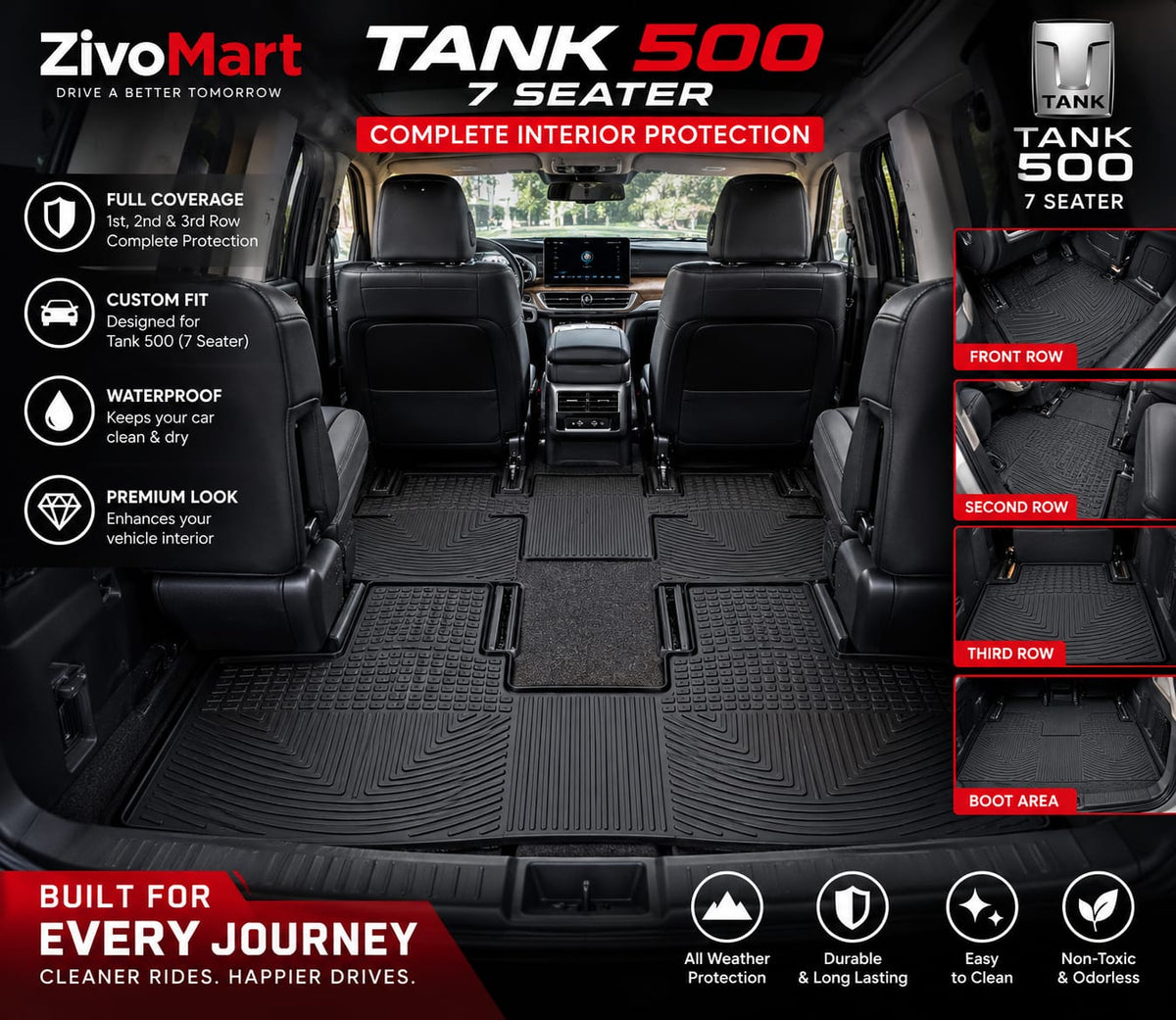 Tank 500 Premium Latex Rubber PVC Car Floor Mats – Custom Fit Heavy Duty Waterproof | 3 & 4 Pcs Sets