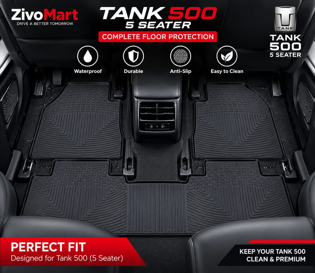 Tank 500 Premium Latex Rubber PVC Car Floor Mats – Custom Fit Heavy Duty Waterproof | 3 & 4 Pcs Sets