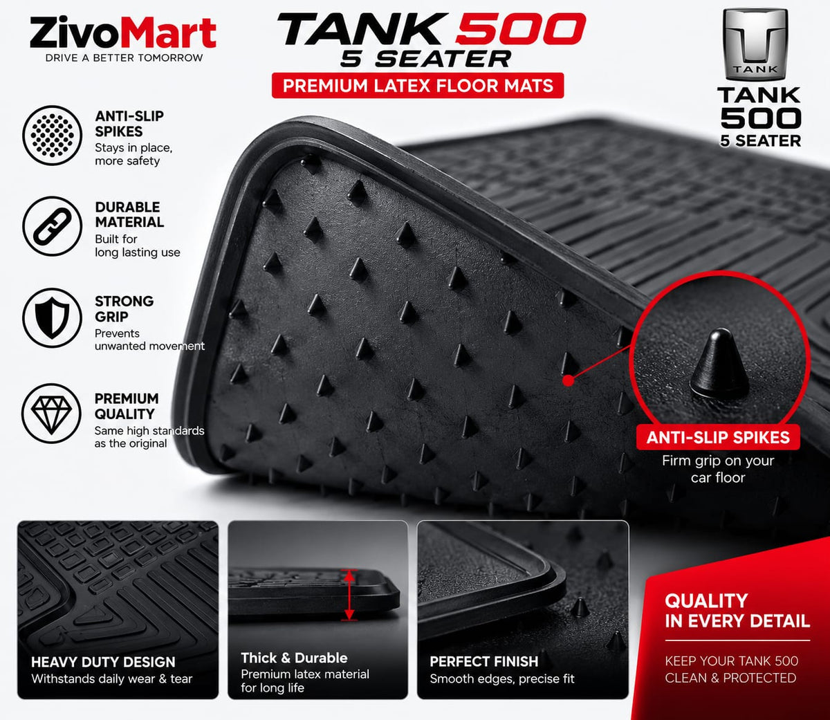 Tank 500 Premium Latex Rubber PVC Car Floor Mats – Custom Fit Heavy Duty Waterproof | 3 & 4 Pcs Sets