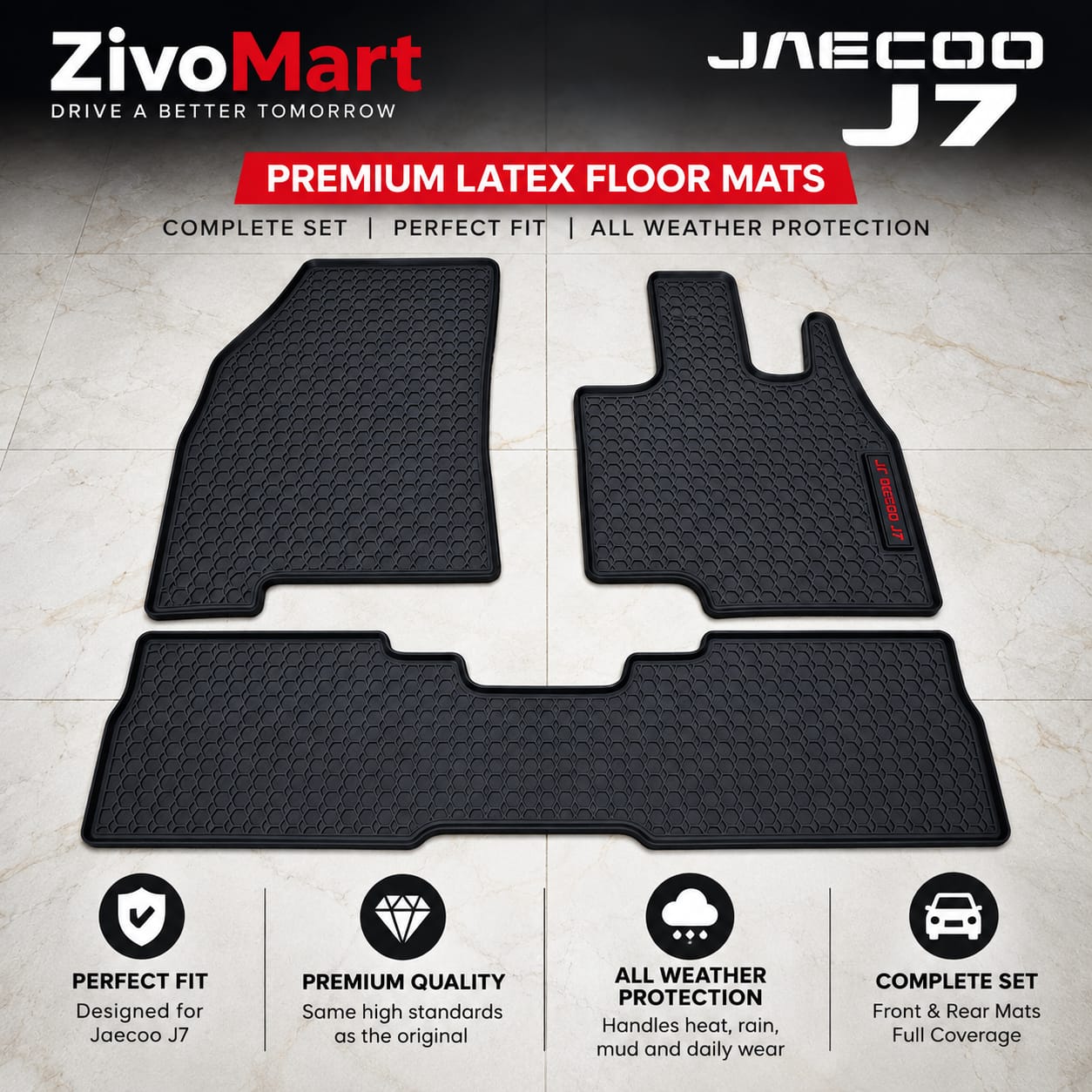 Jaecoo J7 Premium Latex Rubber PVC Car Floor Mats – Custom Fit Heavy Duty Waterproof | 3 Pcs Set