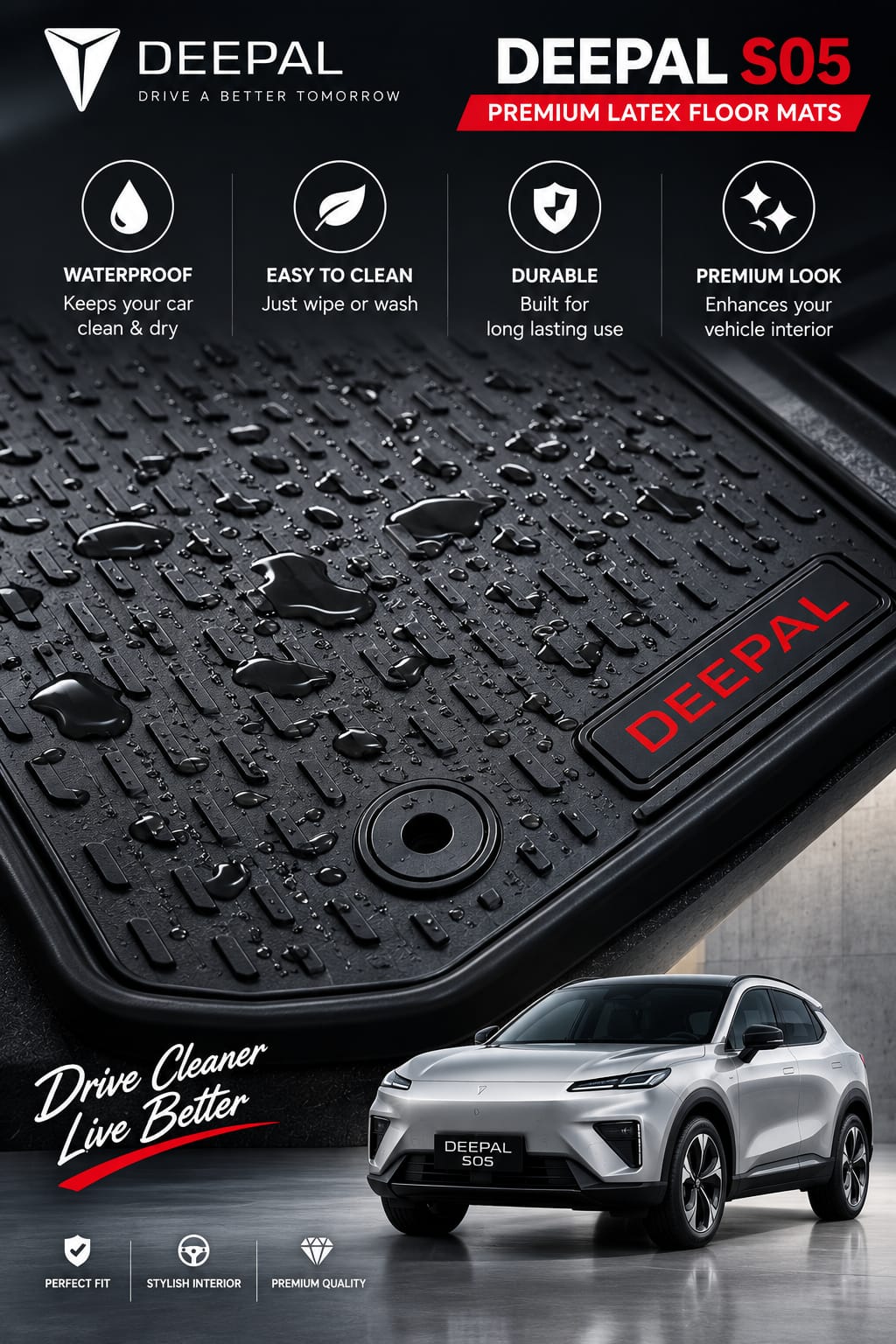 Deepal S05 Premium Latex Rubber PVC Car Floor Mats – Custom Fit Heavy Duty Waterproof | 3 Pcs Set